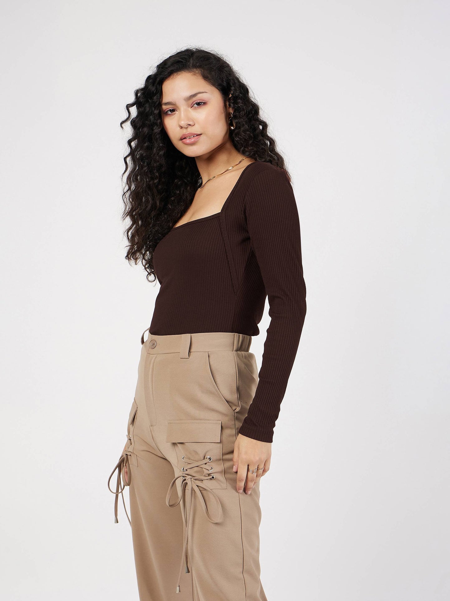 Women Dark Brown Rib Square Neck Full Sleeves Top