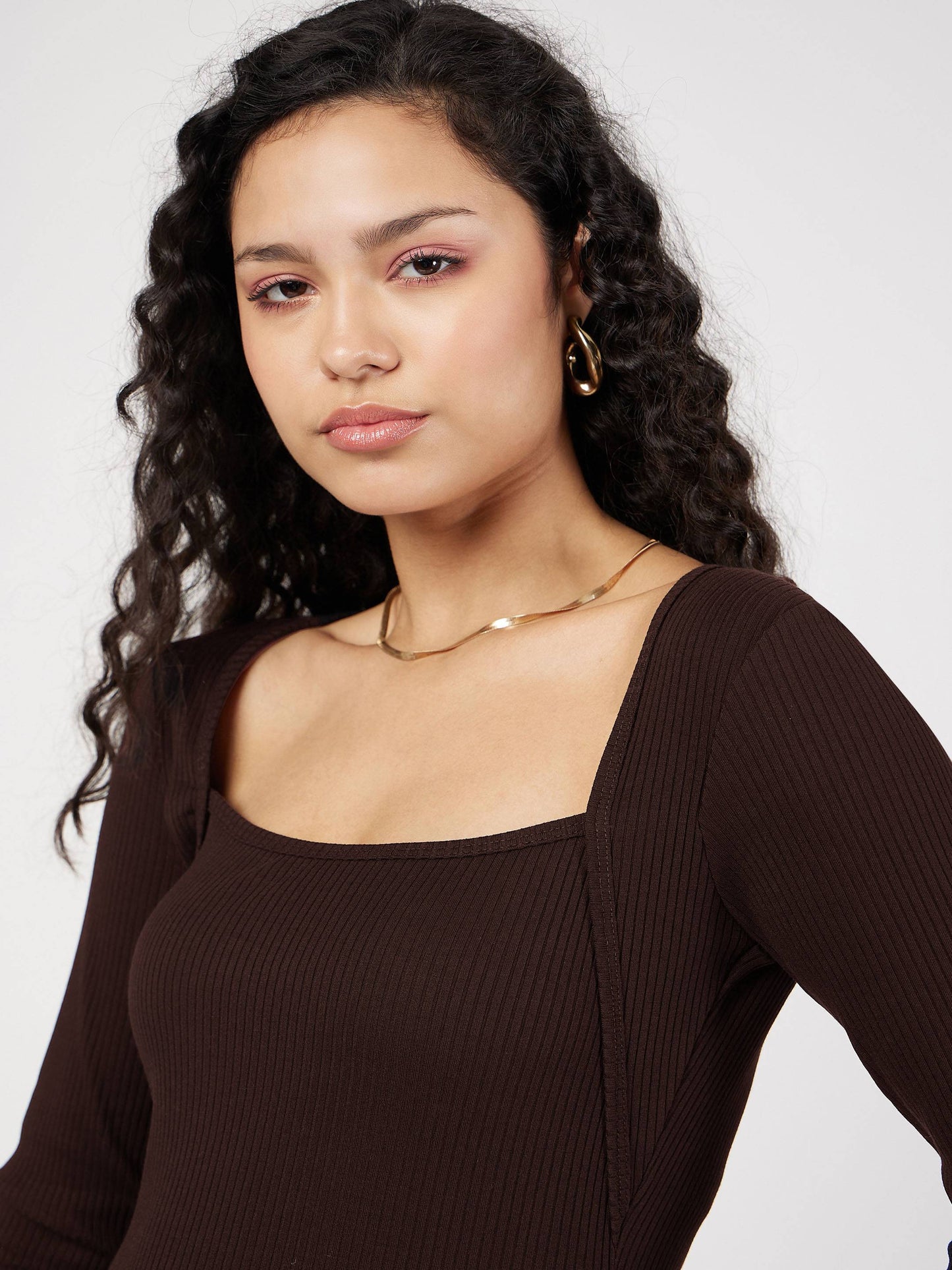 Women Dark Brown Rib Square Neck Full Sleeves Top
