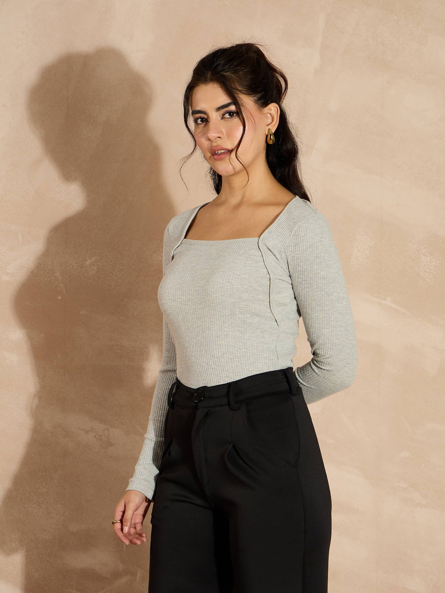 Grey Melange Rib Square Neck Full Sleeves Top
