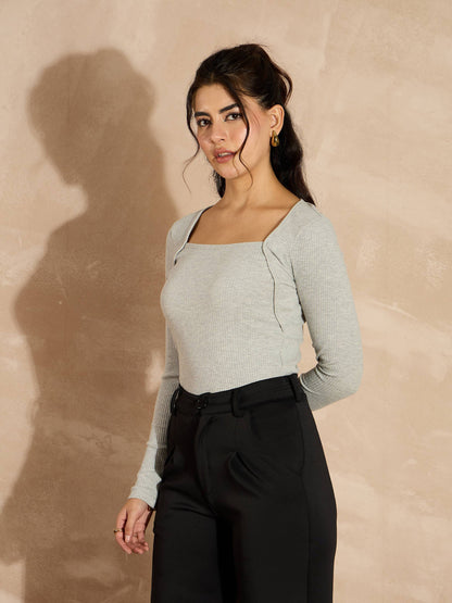 Grey Melange Rib Square Neck Full Sleeves Top