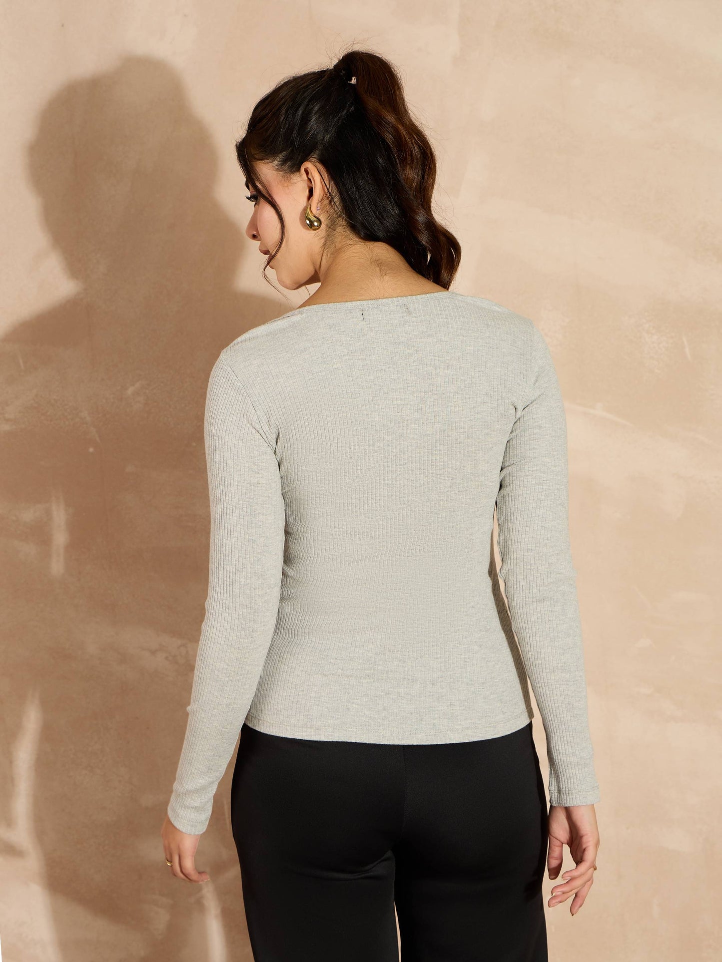 Grey Melange Rib Square Neck Full Sleeves Top