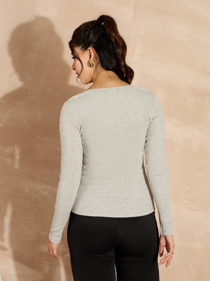 Grey Melange Rib Square Neck Full Sleeves Top