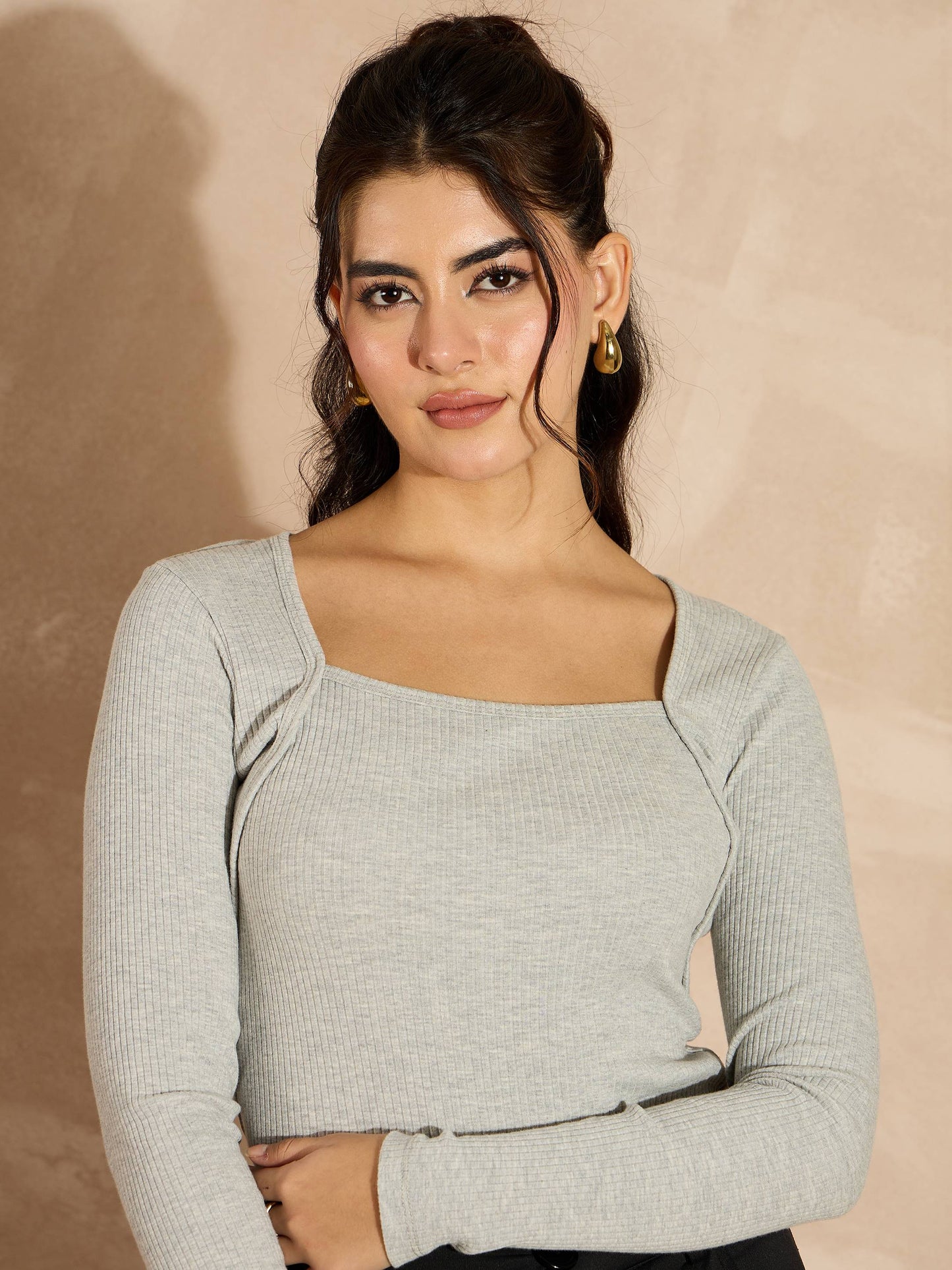 Grey Melange Rib Square Neck Full Sleeves Top