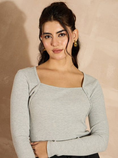 Grey Melange Rib Square Neck Full Sleeves Top