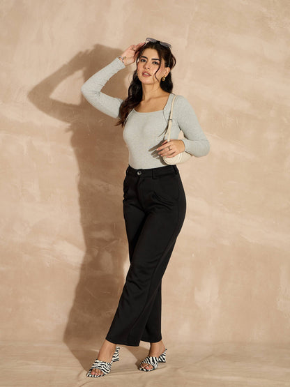 Grey Melange Rib Square Neck Full Sleeves Top