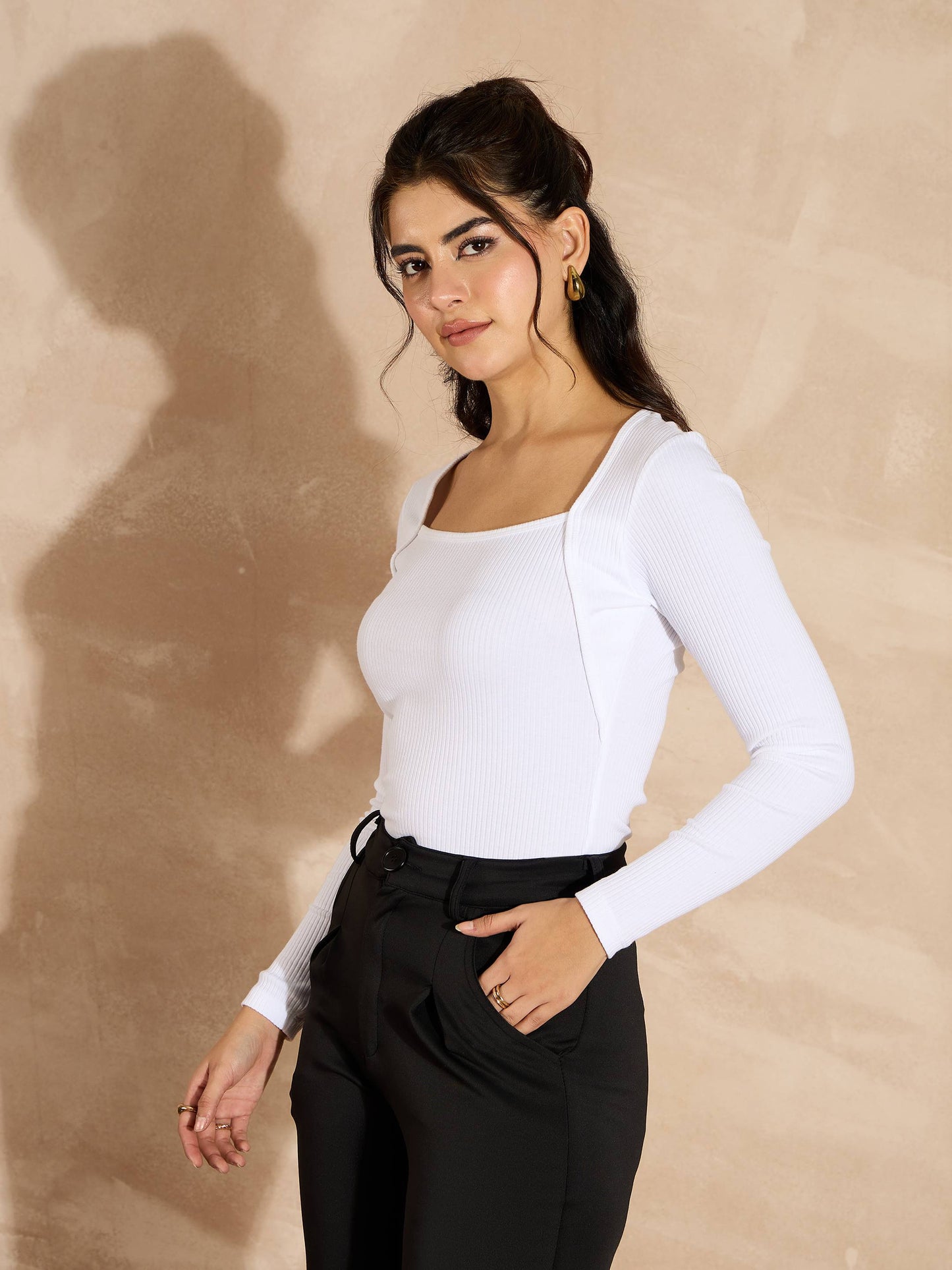Women White Rib Square Neck Full Sleeves Top