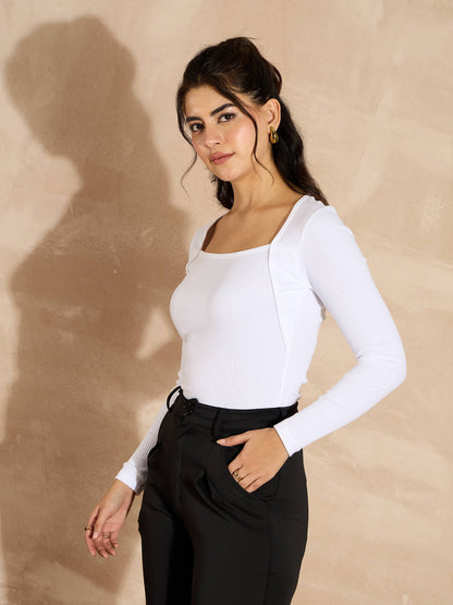 Women White Rib Square Neck Full Sleeves Top