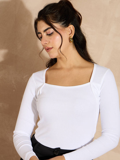 Women White Rib Square Neck Full Sleeves Top