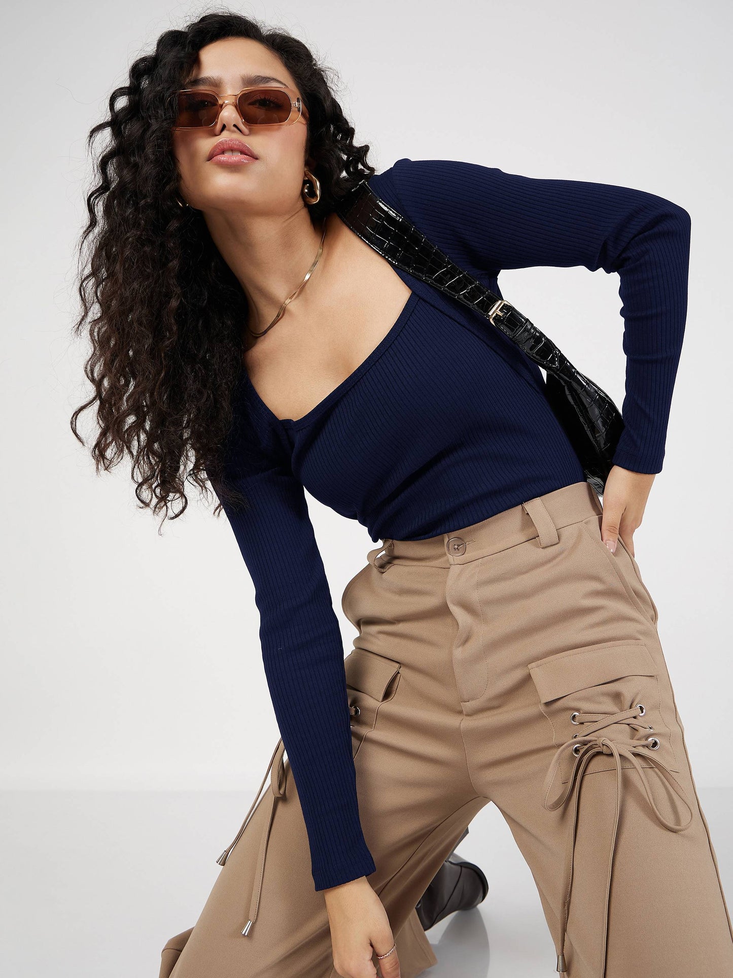 Women Navy Blue Rib Square Neck Full Sleeves Top