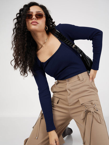 Women Navy Blue Rib Square Neck Full Sleeves Top