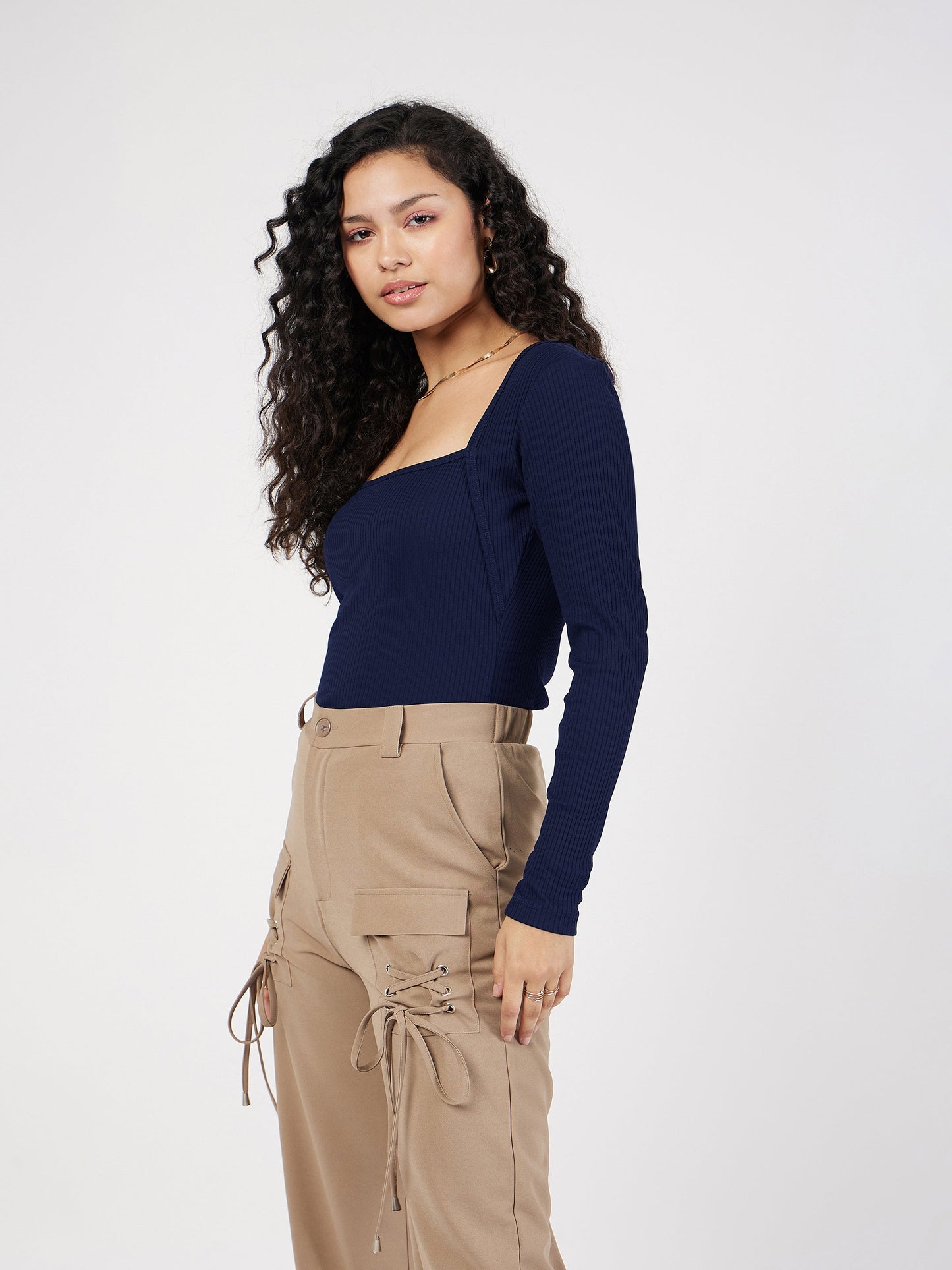 Women Navy Blue Rib Square Neck Full Sleeves Top