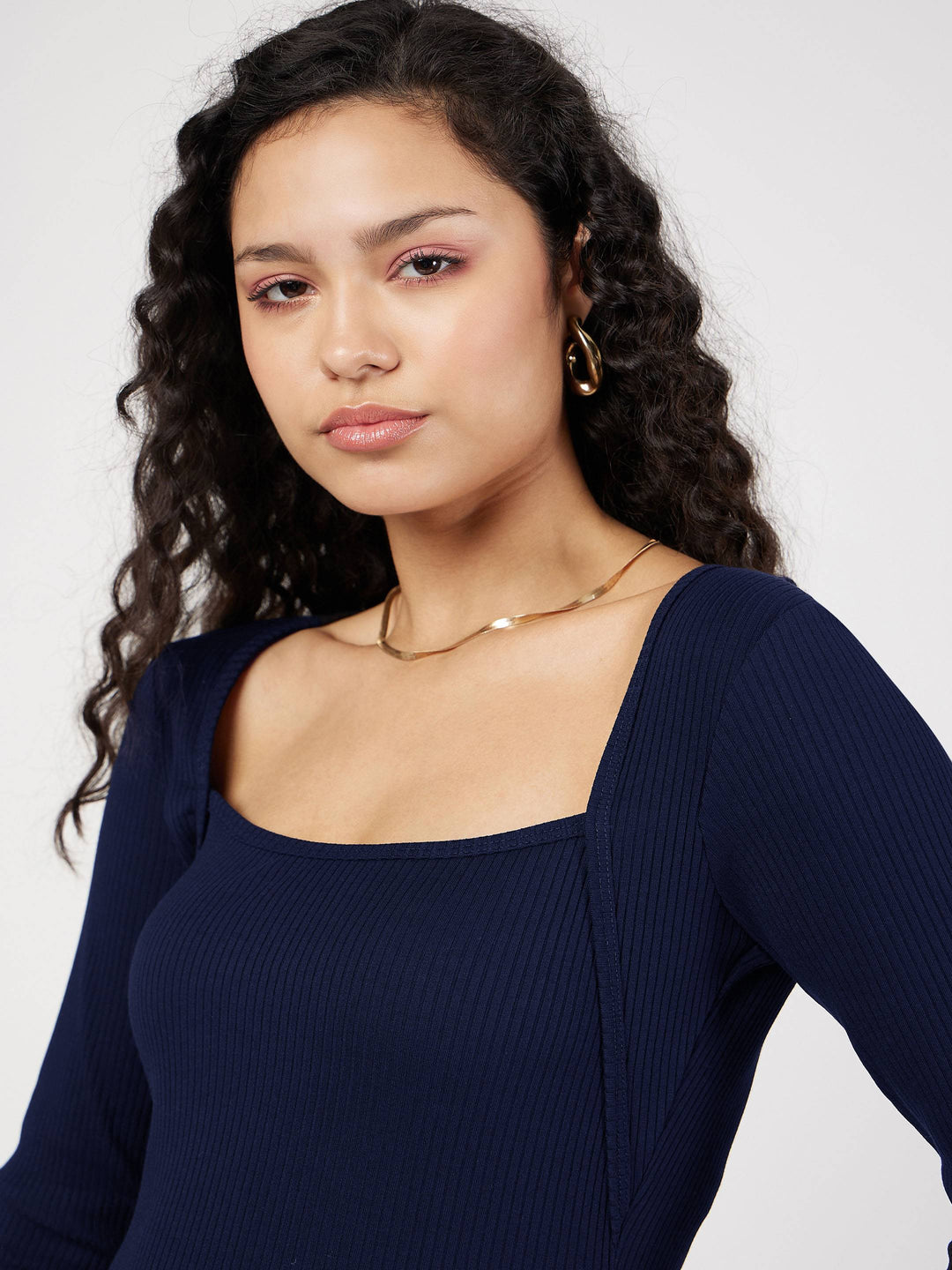 Women Navy Rib Square Neck Full Sleeves Top