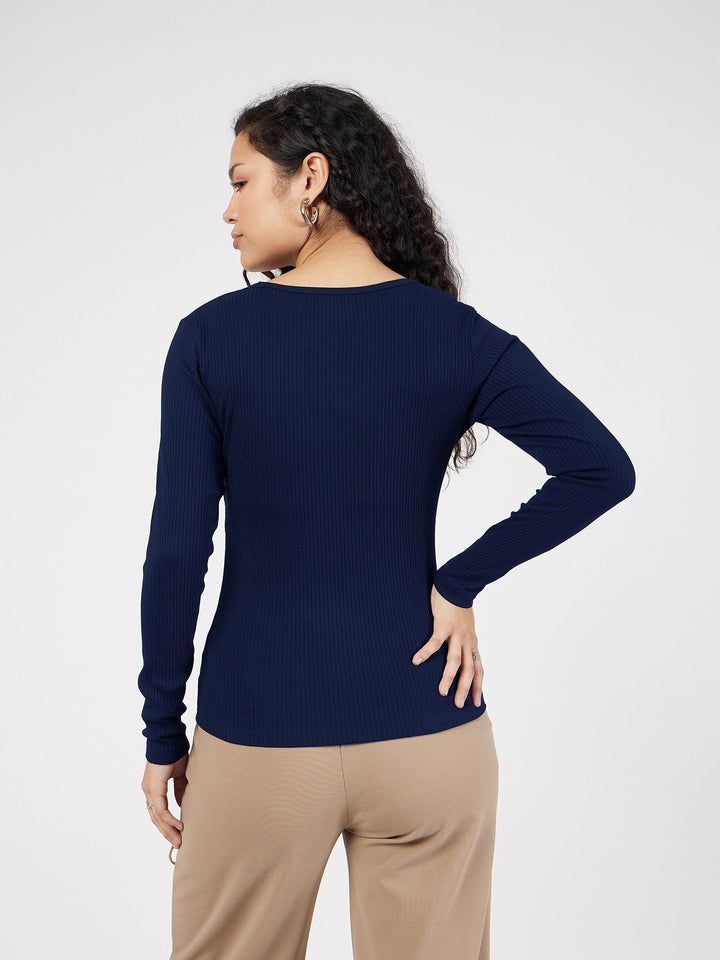 Women Navy Rib Square Neck Full Sleeves Top