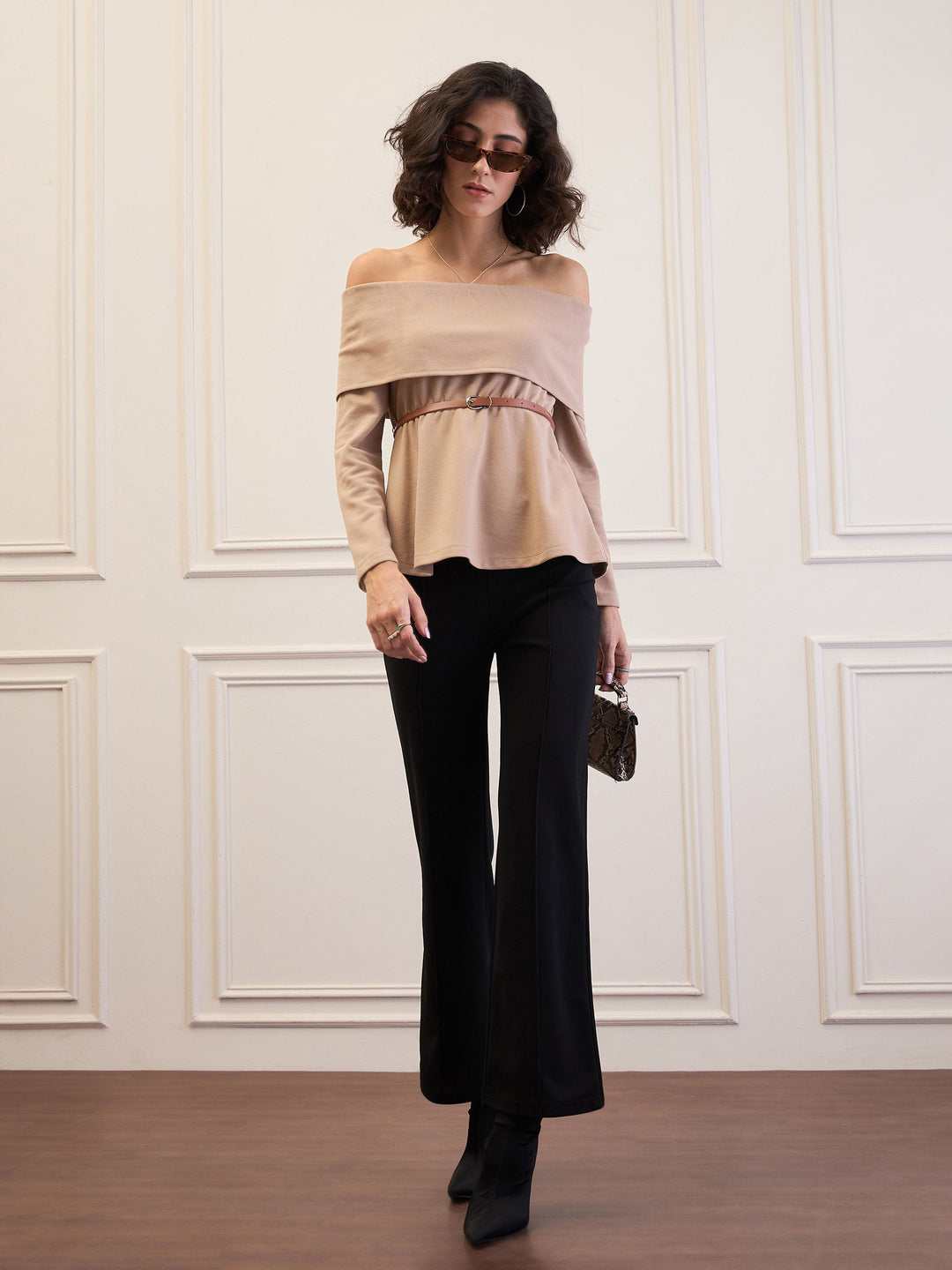 Women's Women Beige Off-Shoulder Belted Peplum Top in Cotton by Sassafras for wholesale, bulk, supplier, manufacturer and wholesaler buyers from Trendphoria