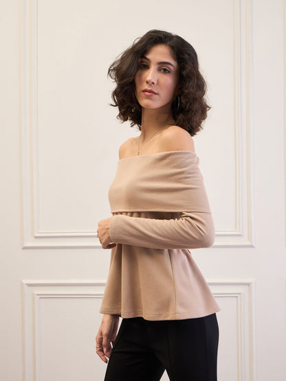 Women Beige Off-Shoulder Belted Peplum Top