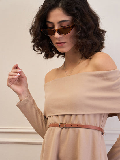 Women Beige Off-Shoulder Belted Peplum Top