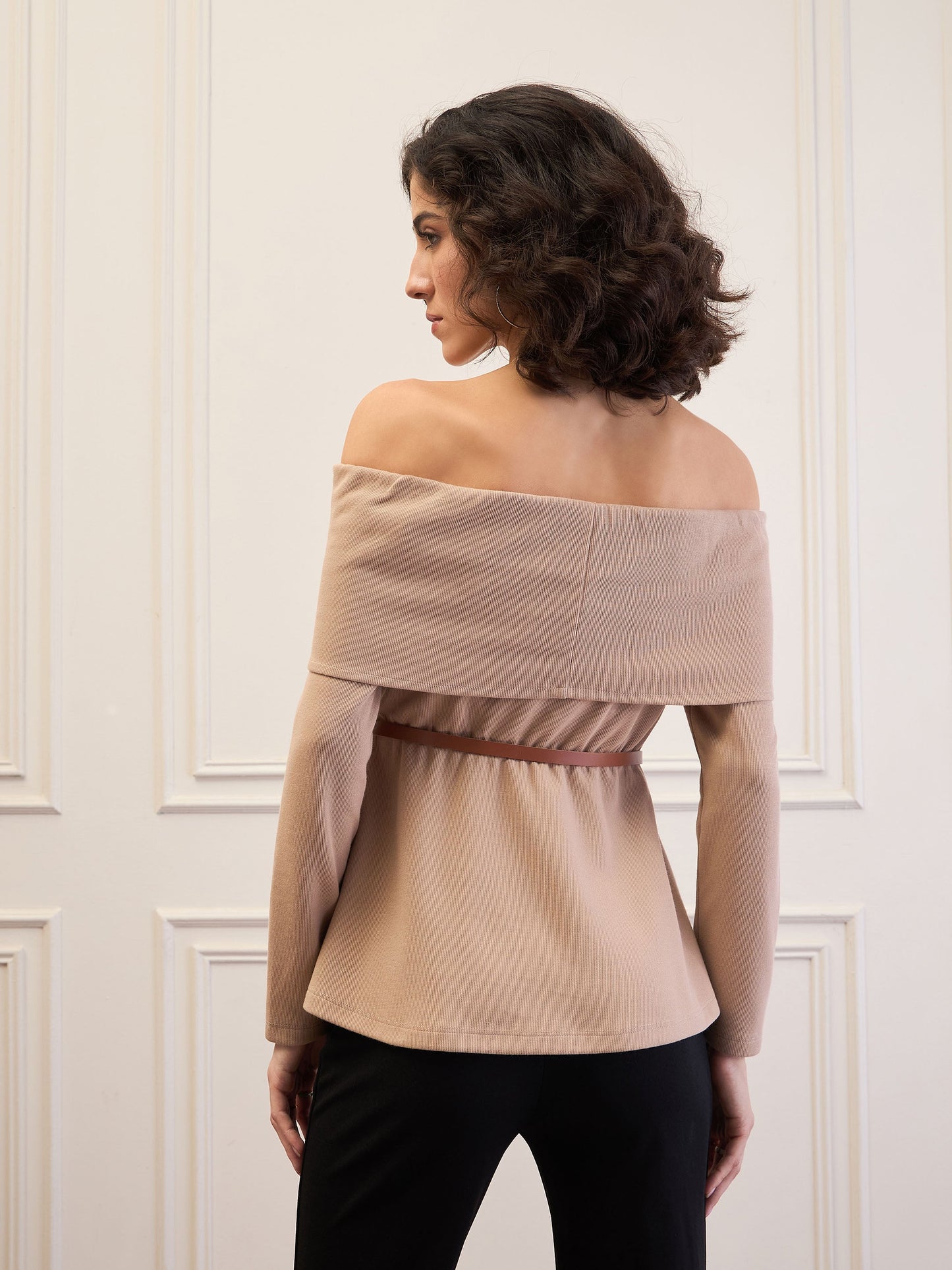 Women Beige Off-Shoulder Belted Peplum Top