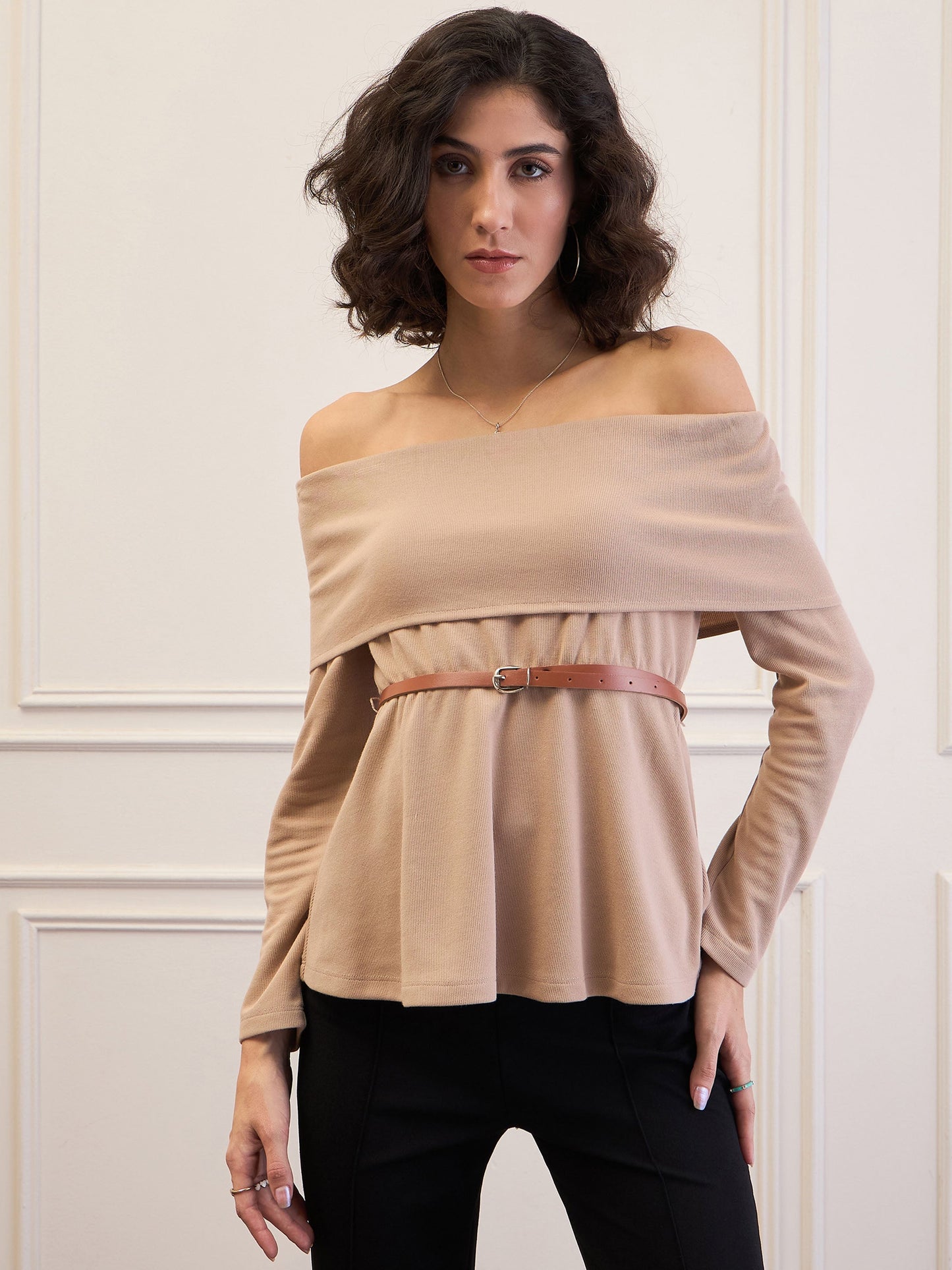 Women Beige Off-Shoulder Belted Peplum Top