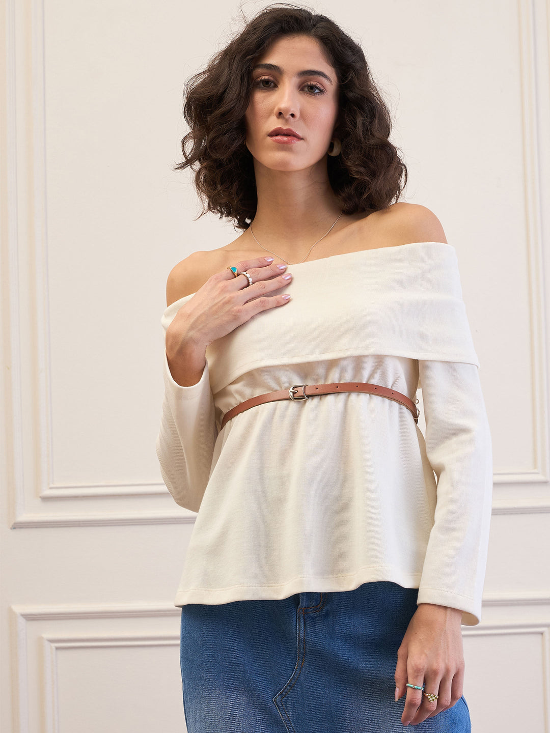 Women's Women Off-White Off-Shoulder Belted Peplum Top in Cotton by Sassafras for wholesale, bulk, supplier, manufacturer and wholesaler buyers from Trendphoria