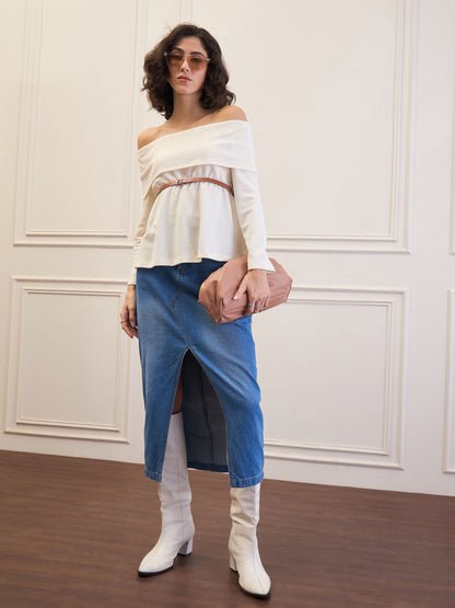 Women Off-White Off-Shoulder Belted Peplum Top