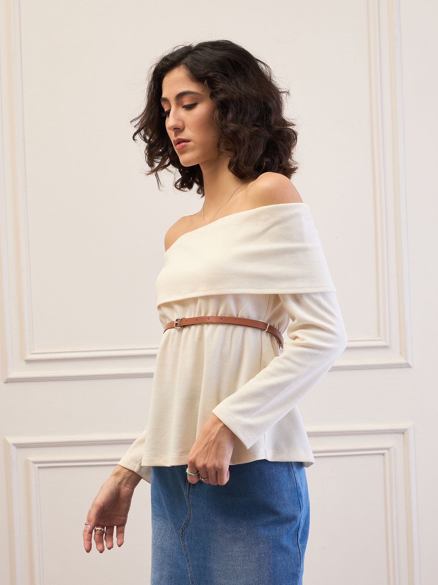 Women Off-White Off-Shoulder Belted Peplum Top
