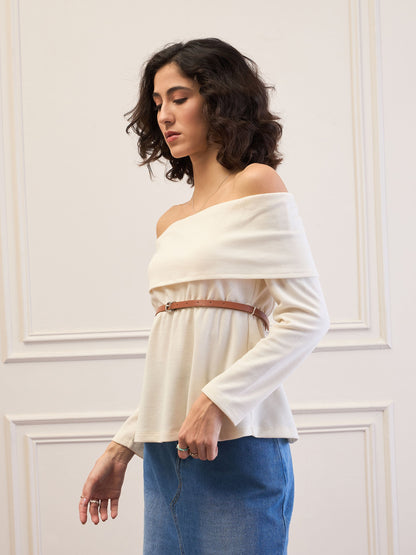 Women Off-White Off-Shoulder Belted Peplum Top