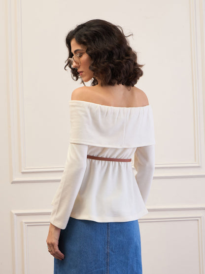 Women Off-White Off-Shoulder Belted Peplum Top