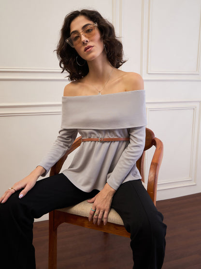 Women Grey Off-Shoulder Belted Peplum Top