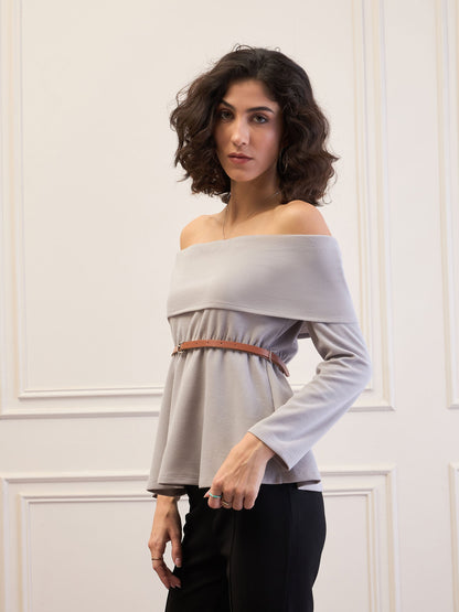 Women Grey Off-Shoulder Belted Peplum Top