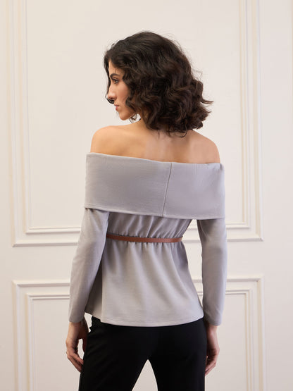 Women Grey Off-Shoulder Belted Peplum Top