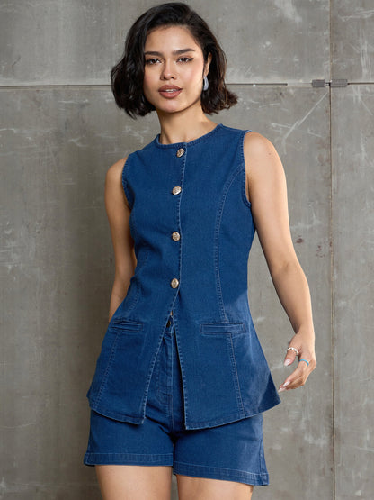 Women Navy Denim Front Open Sleeveless Top