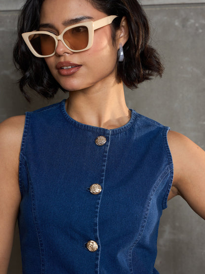 Women Navy Denim Front Open Sleeveless Top