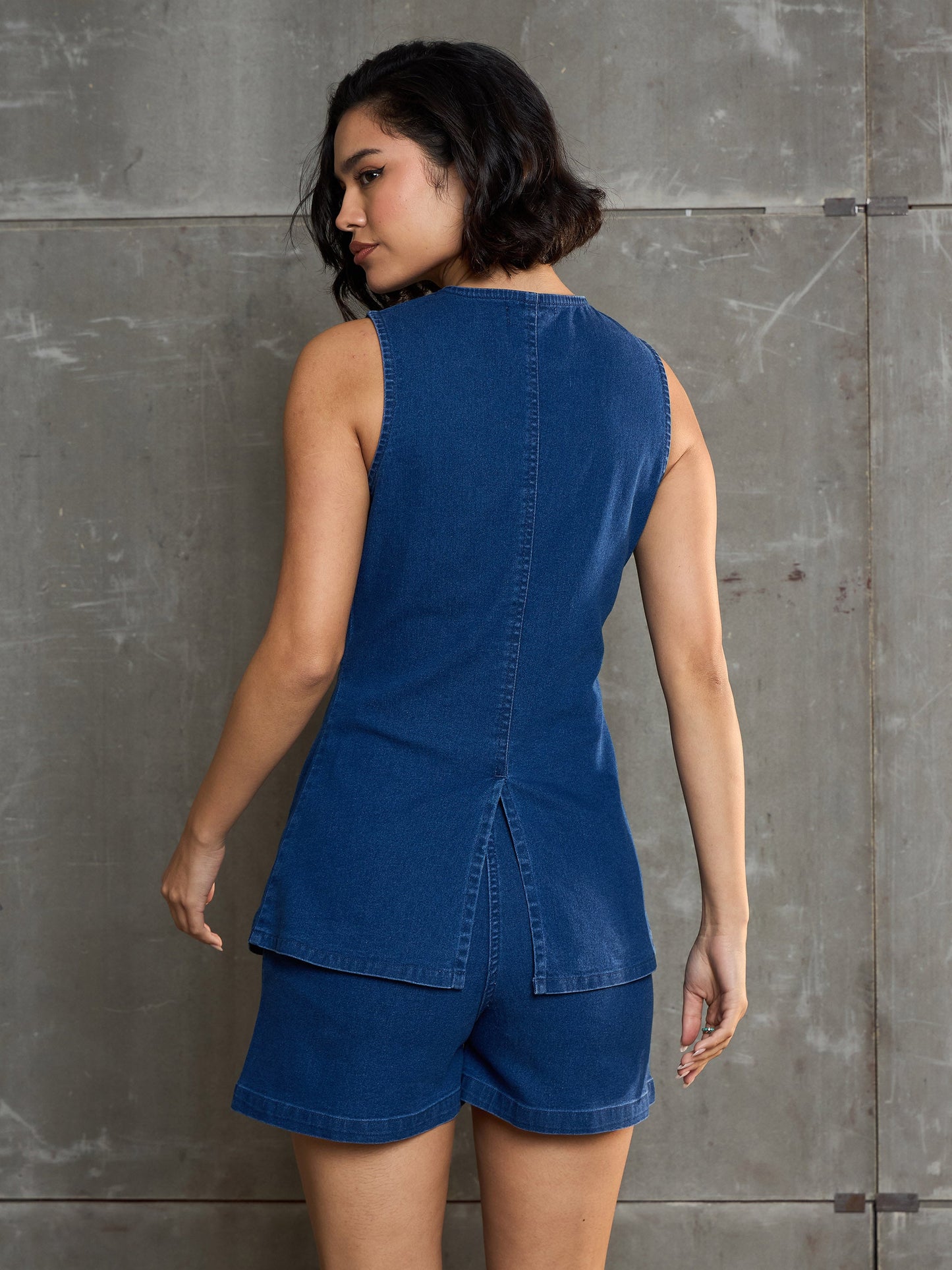 Women Navy Denim Front Open Sleeveless Top