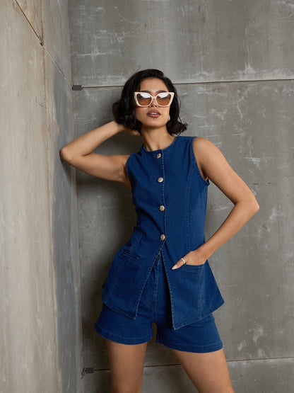 Women Navy Denim Front Open Sleeveless Top