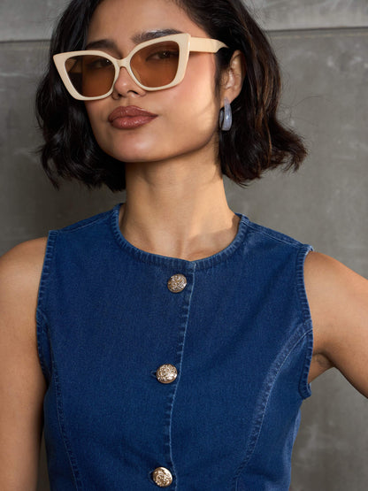 Women Navy Denim Front Open Sleeveless Top With Shorts