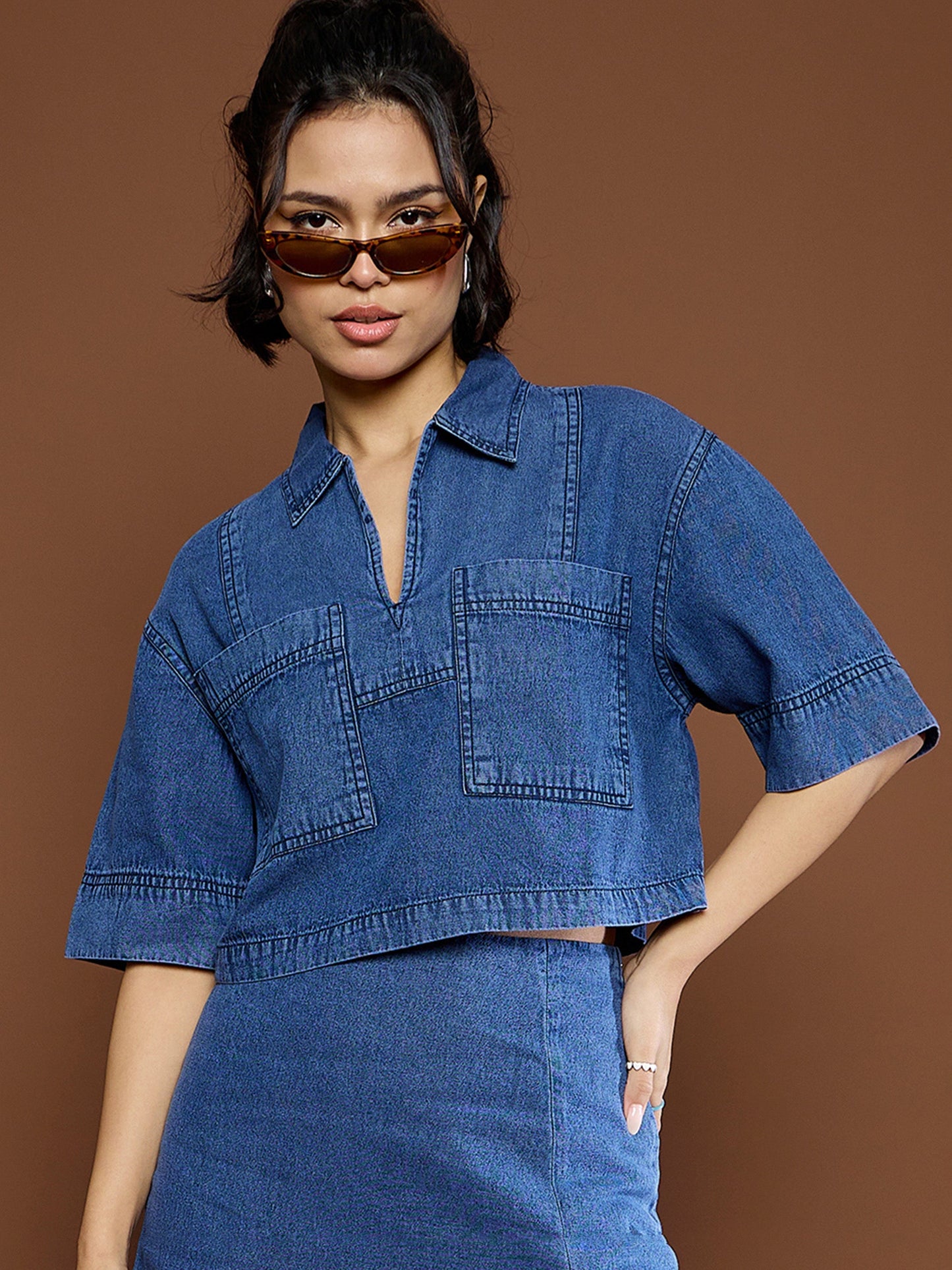 Women Blue Denim Patch Pocket Crop Top