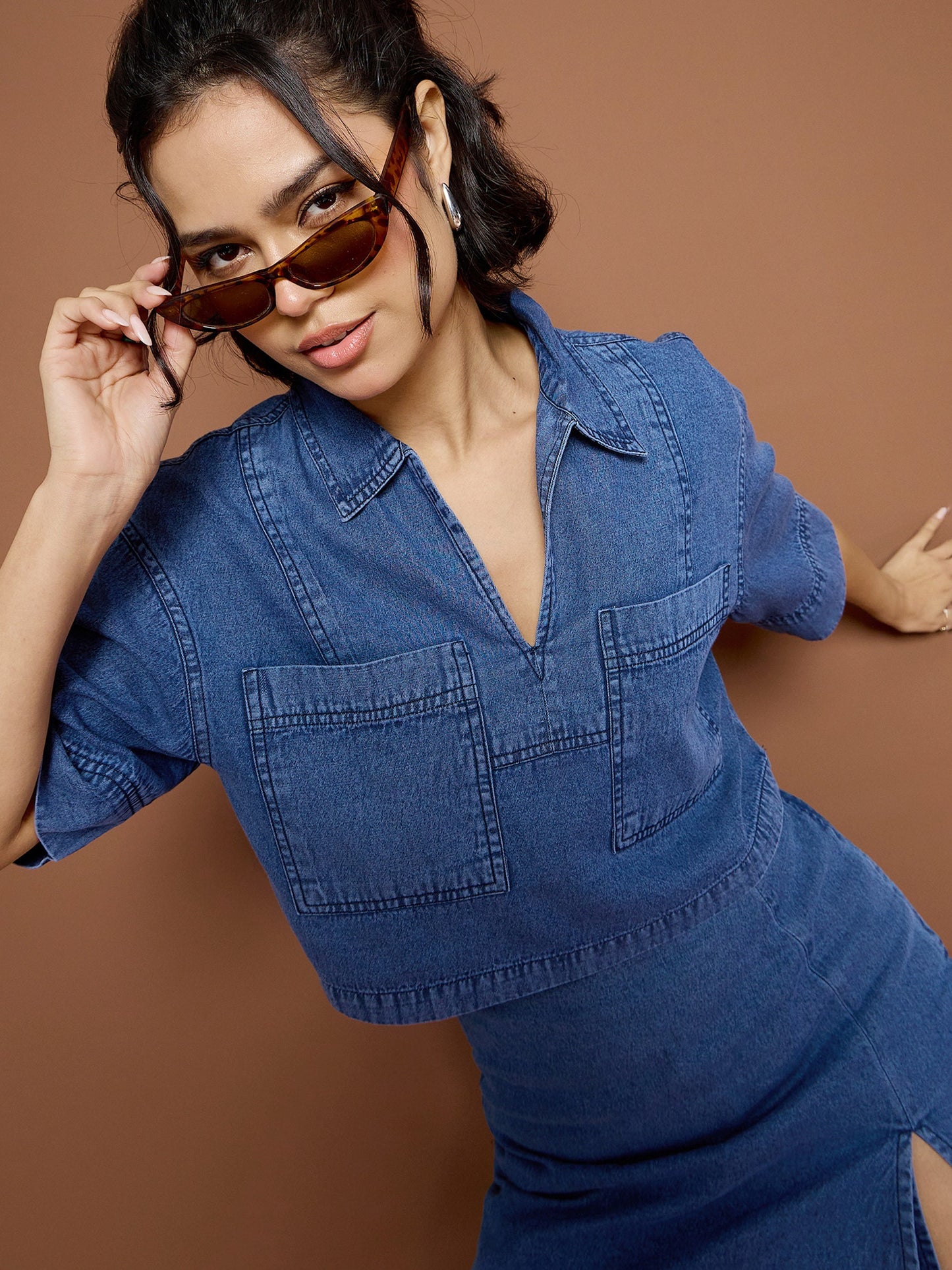 Women Blue Denim Patch Pocket Crop Top