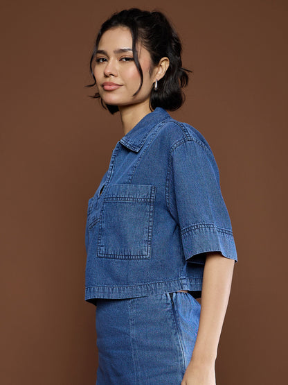 Women Blue Denim Patch Pocket Crop Top