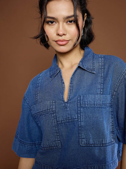 Women Blue Denim Patch Pocket Crop Top