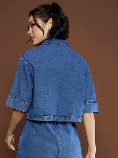 Women Blue Denim Patch Pocket Crop Top