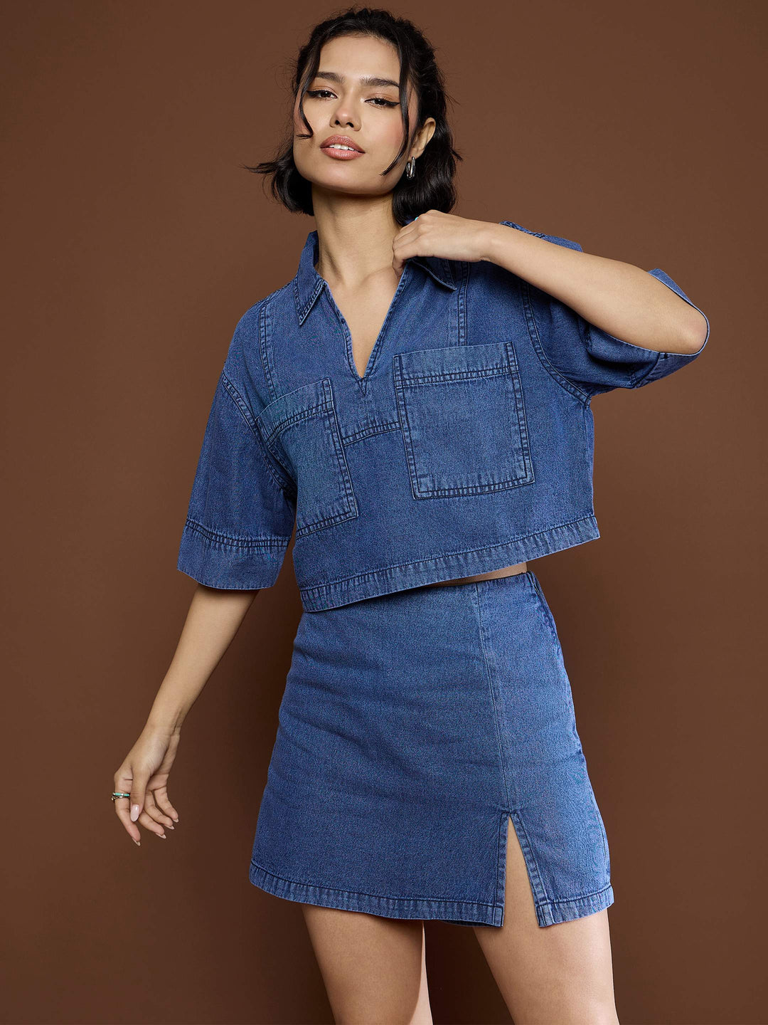 Women's Women Blue Denim Patch Pocket Crop Top With Skorts in Cotton by Sassafras for wholesale, bulk, supplier, manufacturer and wholesaler buyers from Trendphoria