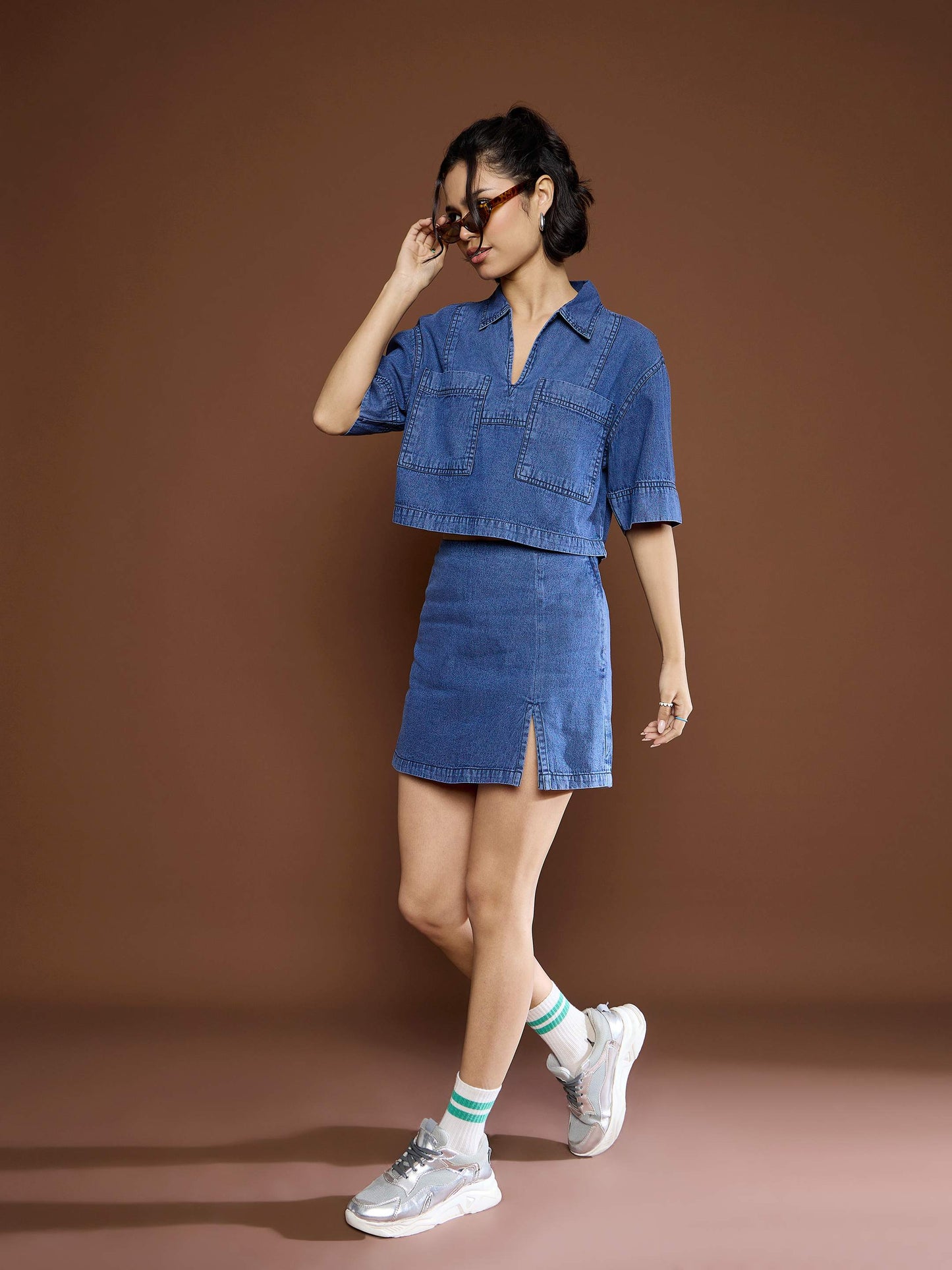 Women Blue Denim Patch Pocket Crop Top With Skorts