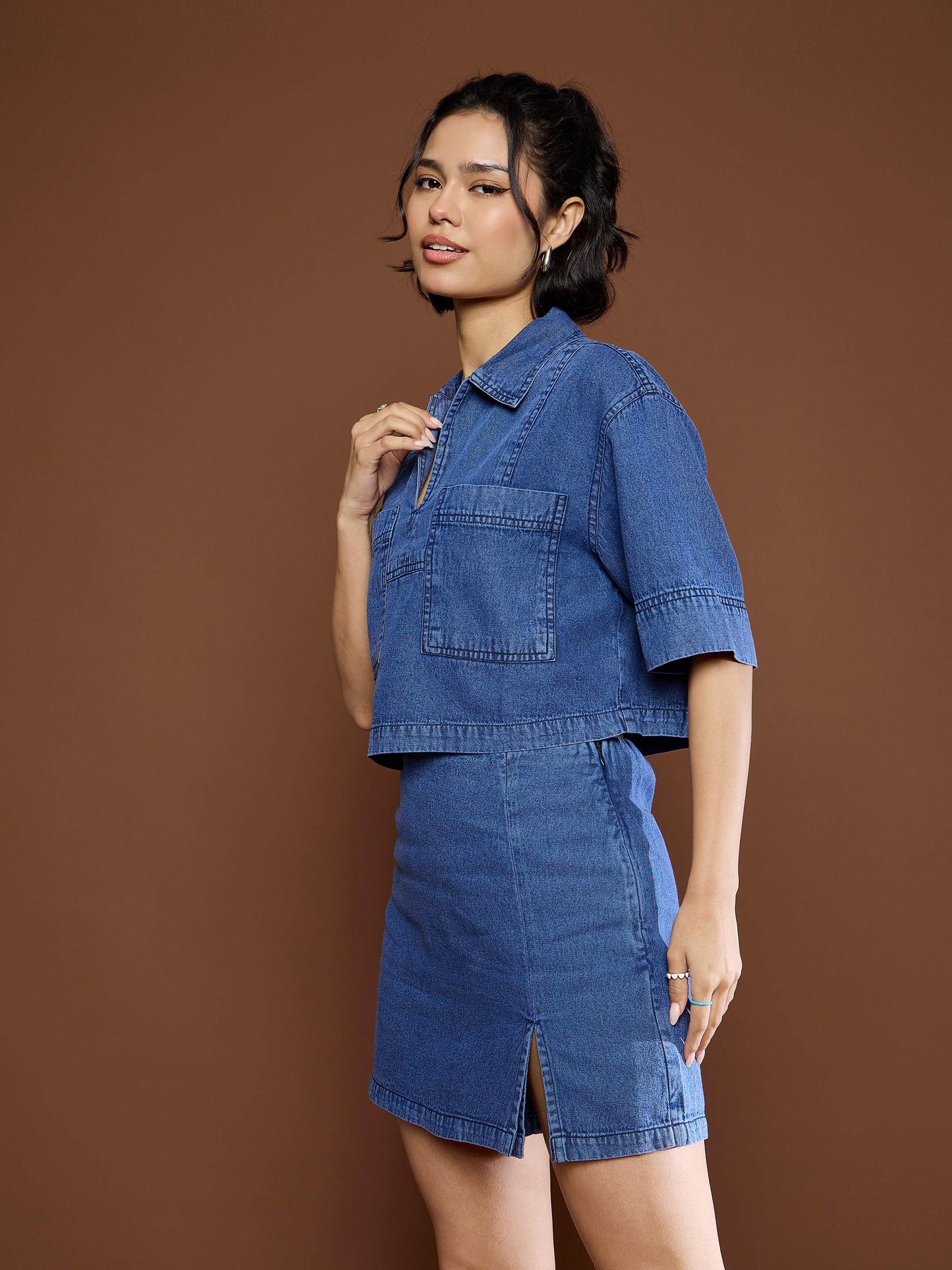 Women Blue Denim Patch Pocket Crop Top With Skorts