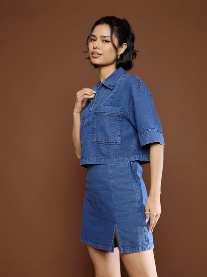 Women Blue Denim Patch Pocket Crop Top With Skorts
