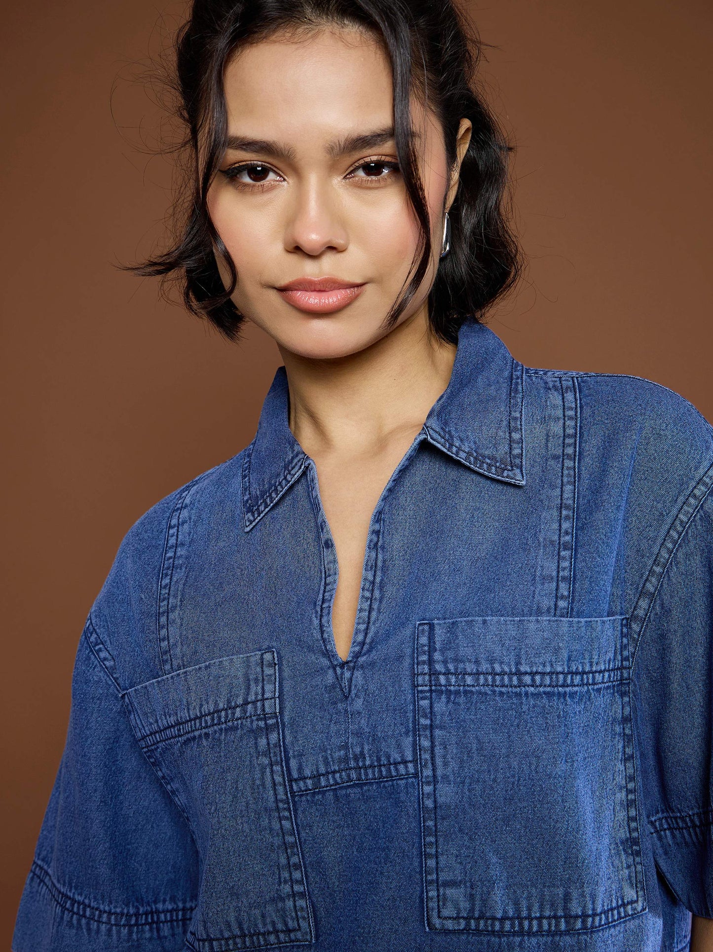 Women Blue Denim Patch Pocket Crop Top With Skorts