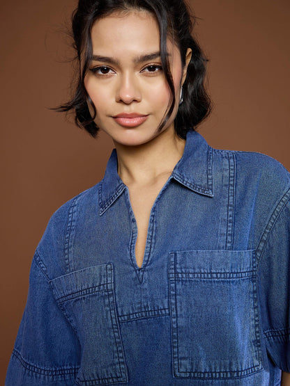 Women Blue Denim Patch Pocket Crop Top With Skorts