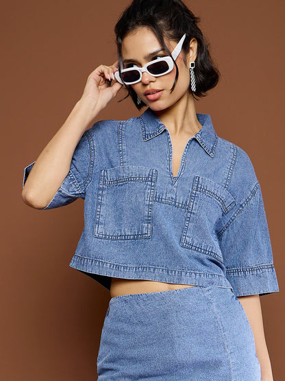 Women Blue Blast Denim Patch Pocket Crop Top