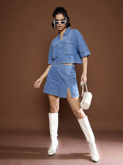 Women Blue Blast Denim Patch Pocket Crop Top