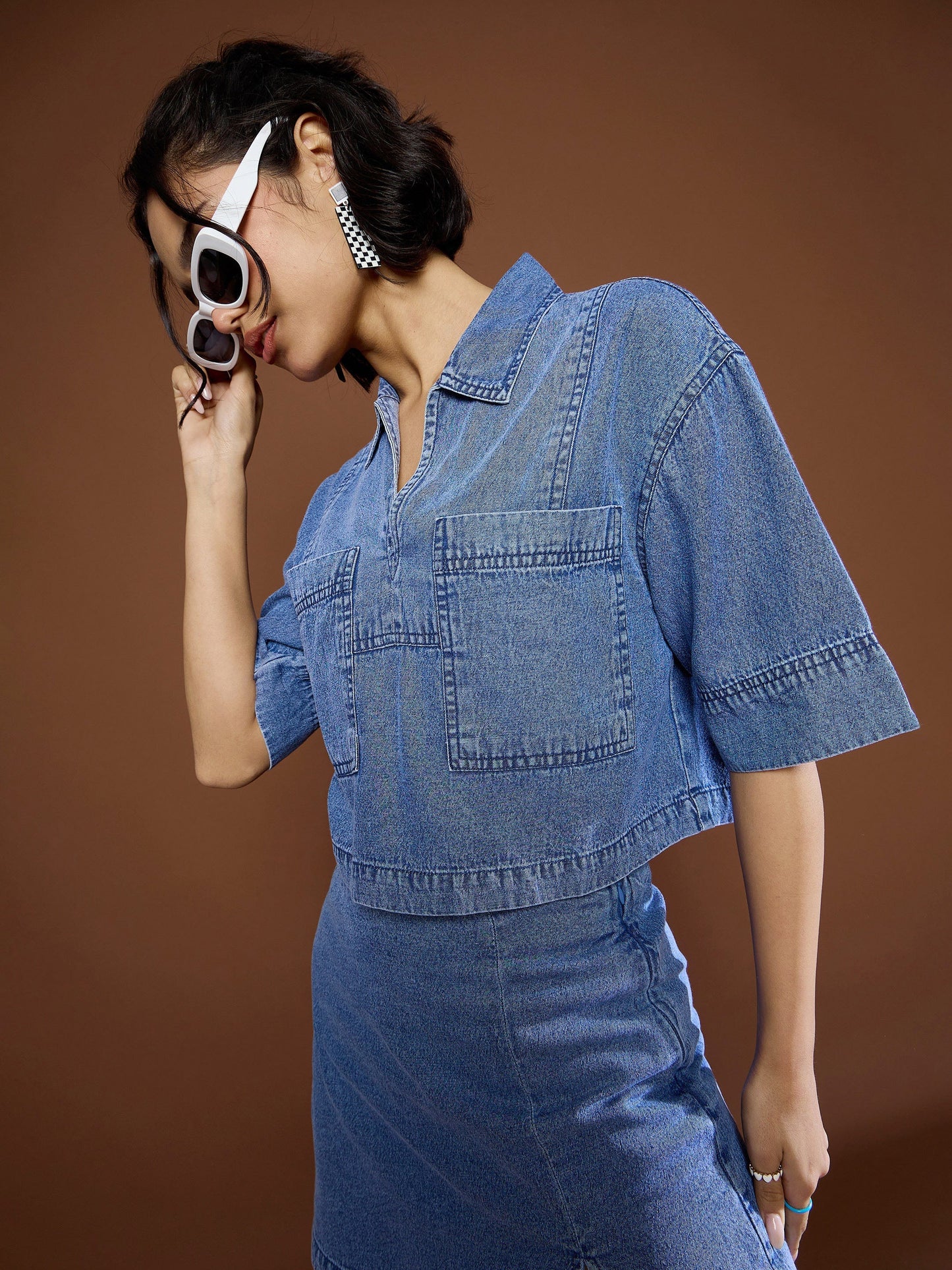 Women Blue Blast Denim Patch Pocket Crop Top