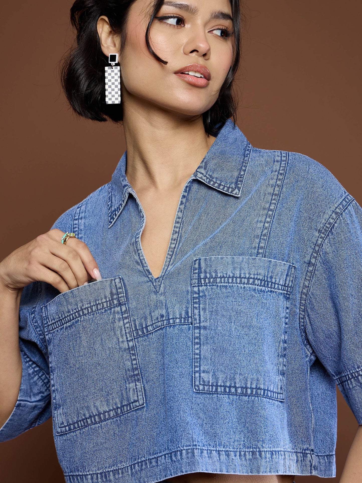 Women Blue Blast Denim Patch Pocket Crop Top